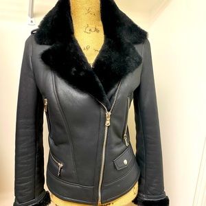 Shearling lambskin leather moto jacket coat